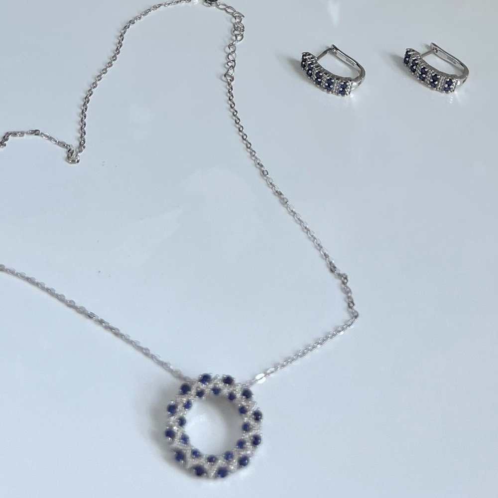 Blue & White Lab-Created Sapphire Necklace and Earrings Sterling Silver (NEW)